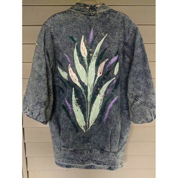 VTG Womens Size XL Rhinestone Beaded Heavy Denim Jacket Shoulder Pads QTR Sleeve - Picture 4 of 4